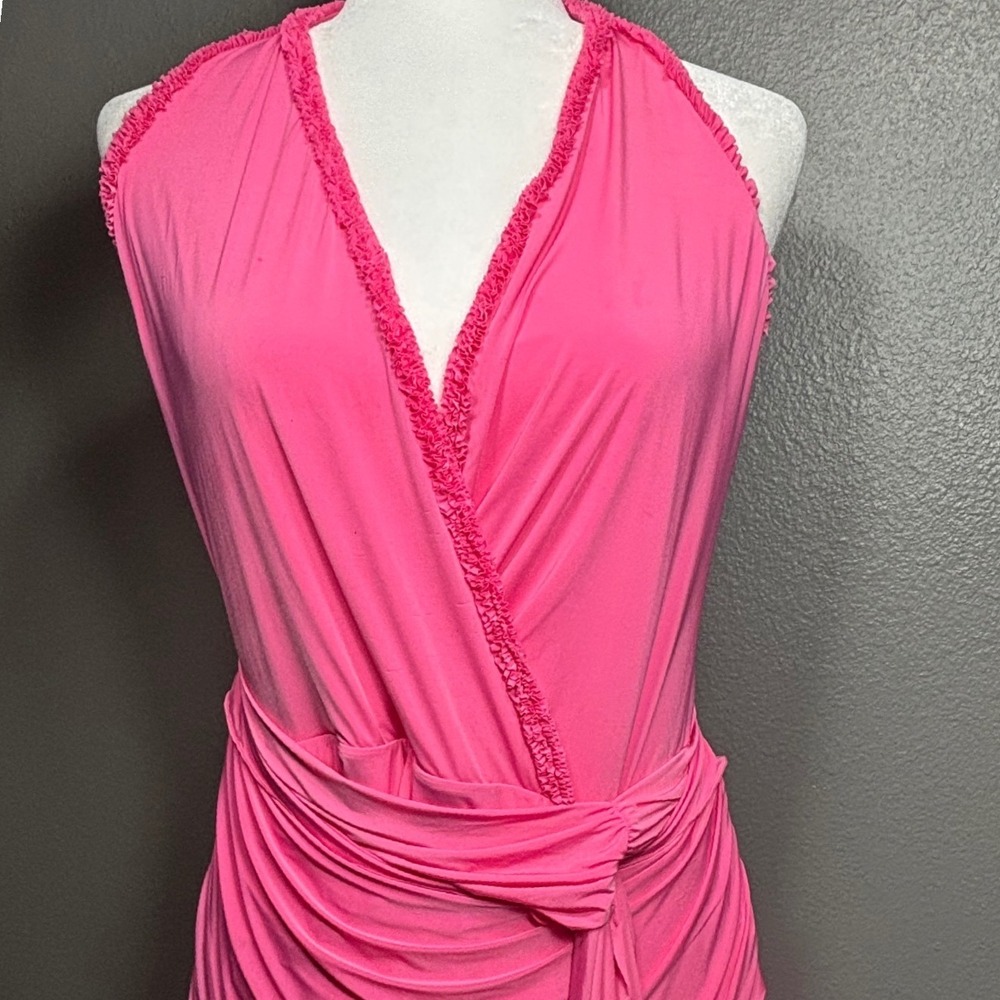 Oh Polly Lollipop Pink Halter Mini Dress Ruffle Trim Wrap Front US 10